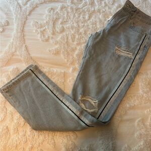 ZARA Ladies Jeans Blue Distressed Button Front Straight Leg Side Stripe NWT